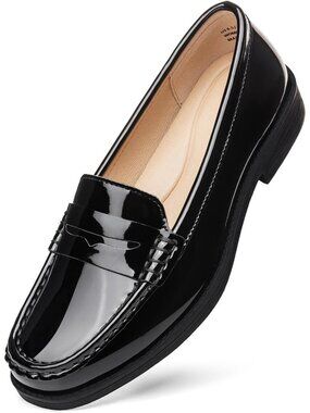Women's Black Textured Leather Penny Loafers Slip On Comfortable Walking Shoes